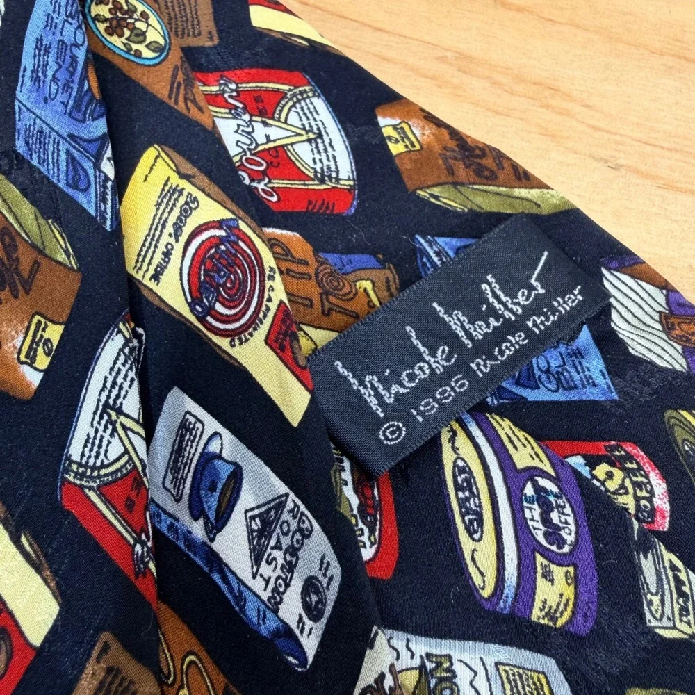 Nicole Miller Necktie OS Navy Blue‎ Coffee Tin Novelty Print Silk Hand Sewn Tie